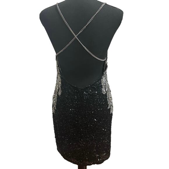 NWT Enchanted Black & Silver Sequin Beaded Chain Straps Backless mini Dress SZ 6 - Picture 4 of 16